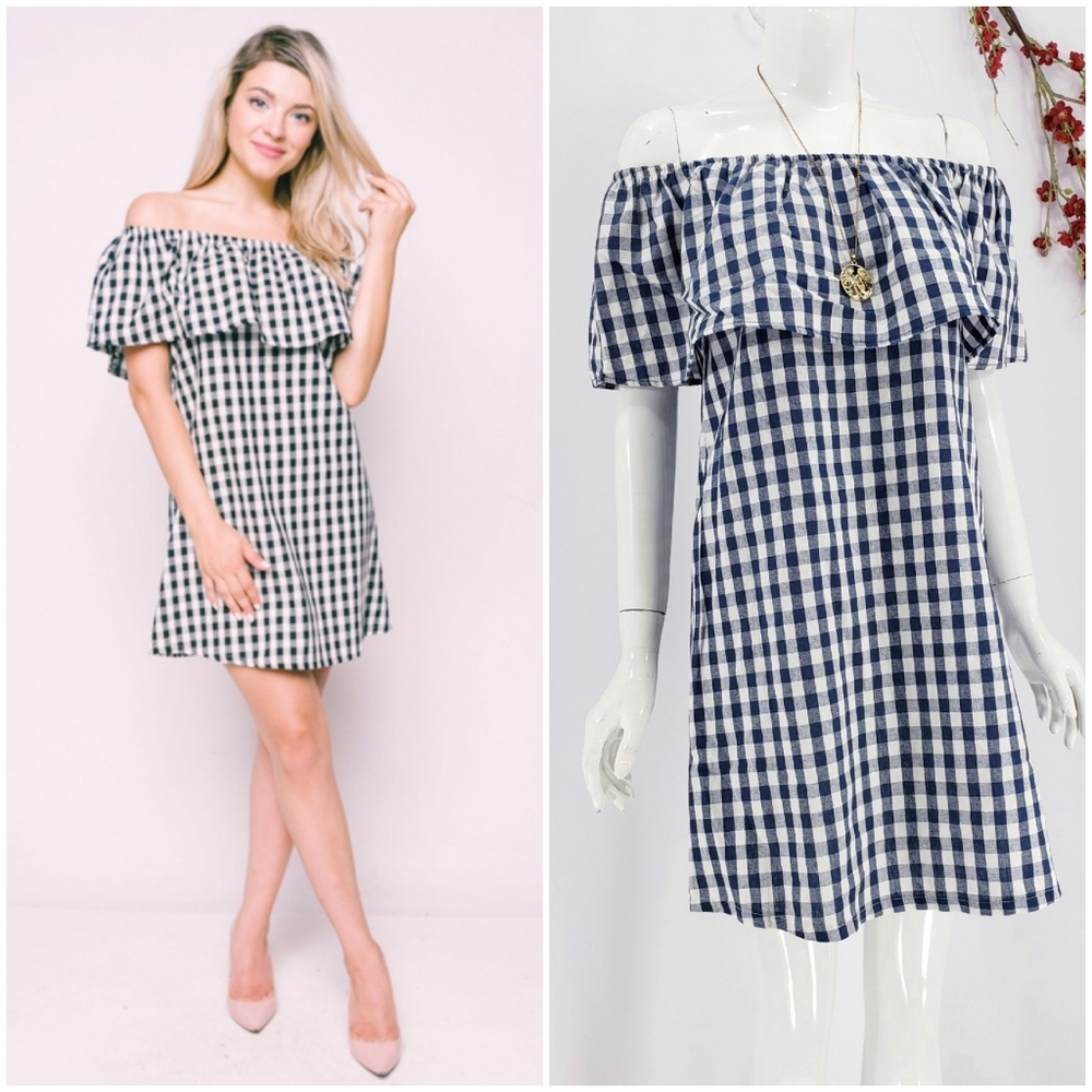 NEW Navy Gingham Checkered Off-Shoulder Dress